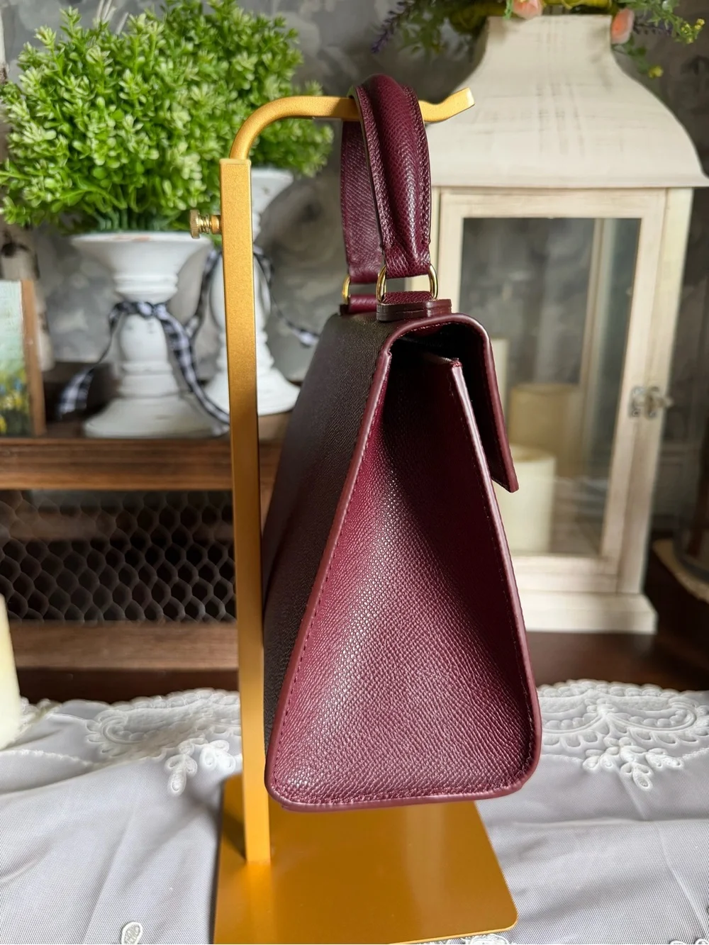 Lalage Beaumont Wine Fonteyn Mignon Leather Top-Handle Leather Satchel Purse Bag